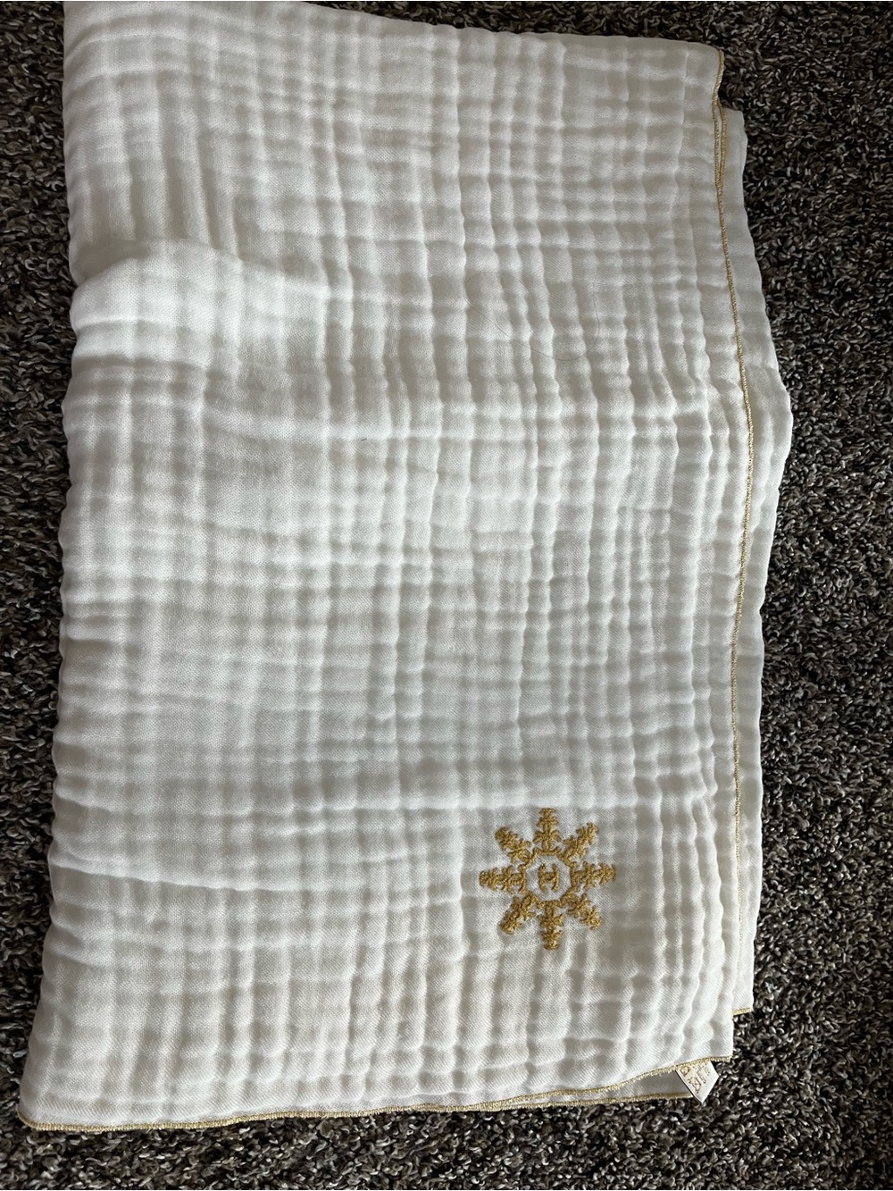 CHANEL White Muslin Throw with Gold Snowflake Accent Holiday